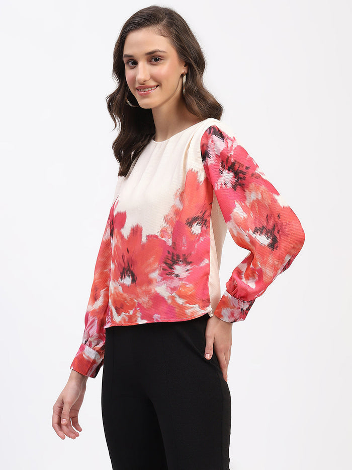 Madame Floral Print Cuff Sleeve Beige Top