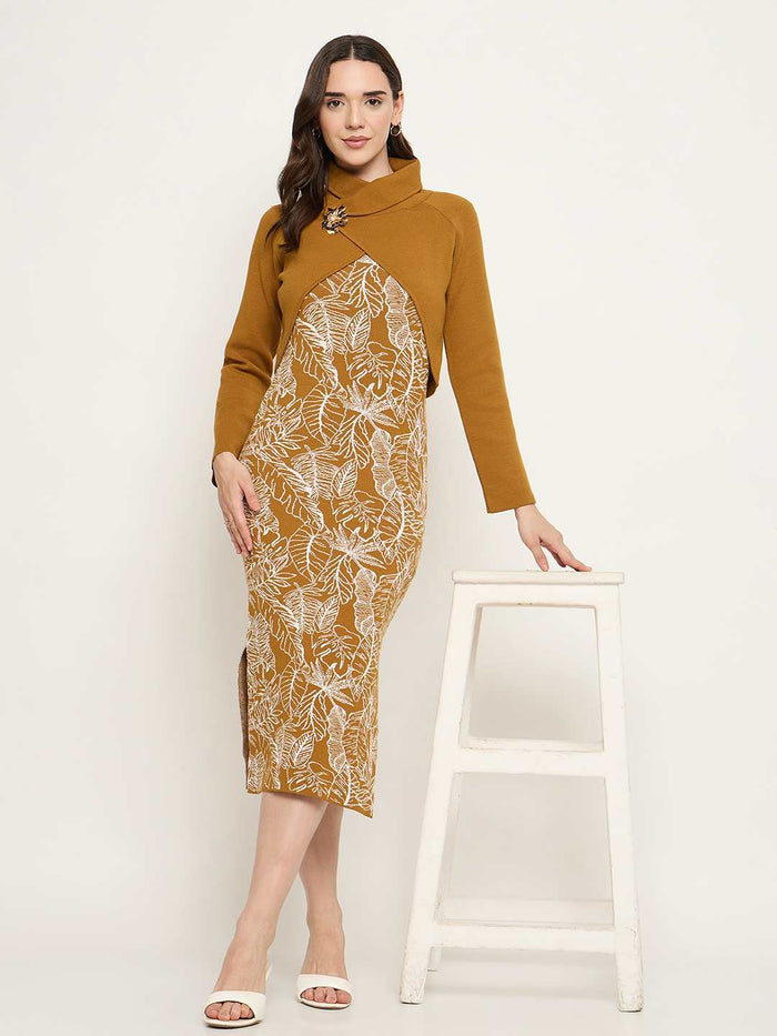 Madame Floral Print Dress and Wrap Sweater Mustard Yellow Co-ord Set