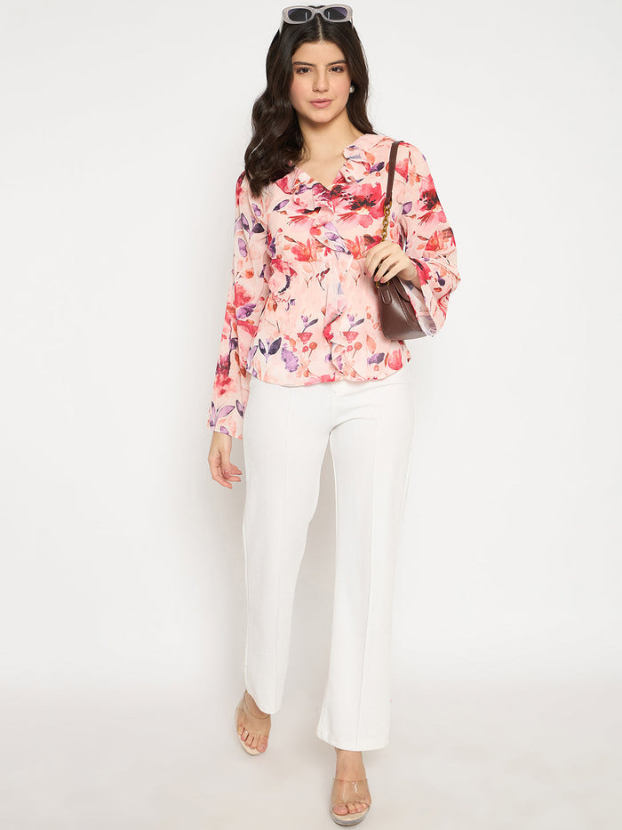 Madame Floral Print Peach Ruffle Cotton Top