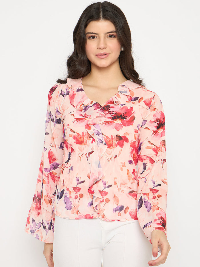 Madame Floral Print Peach Ruffle Cotton Top