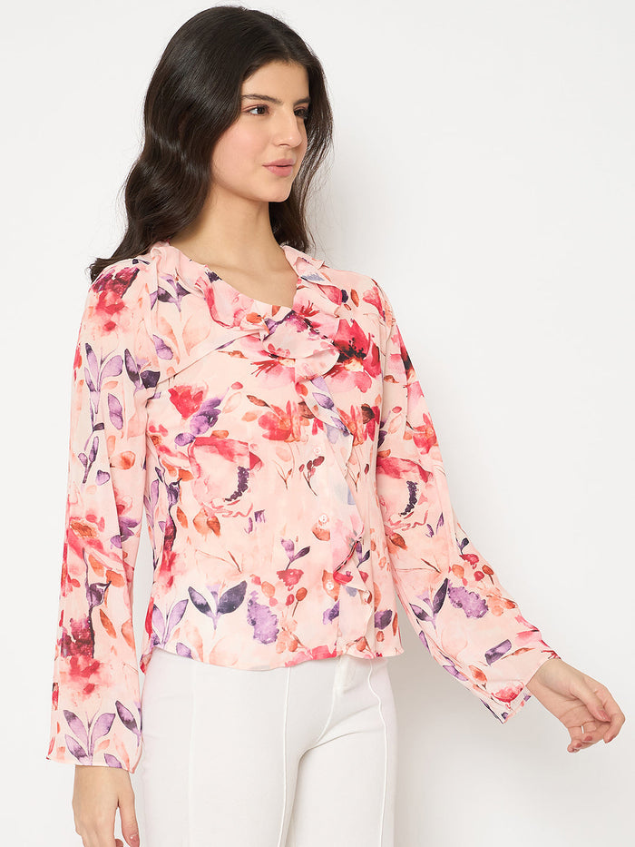 Madame Floral Print Peach Ruffle Cotton Top