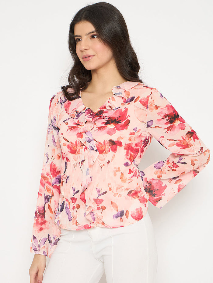 Madame Floral Print Peach Ruffle Cotton Top