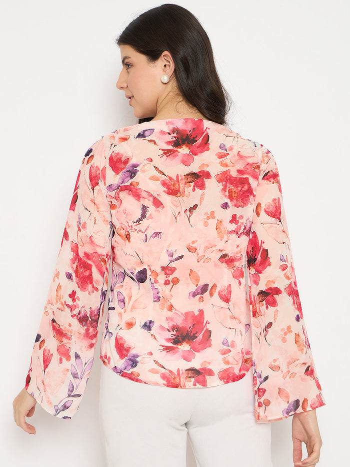 Madame Floral Print Peach Ruffle Cotton Top