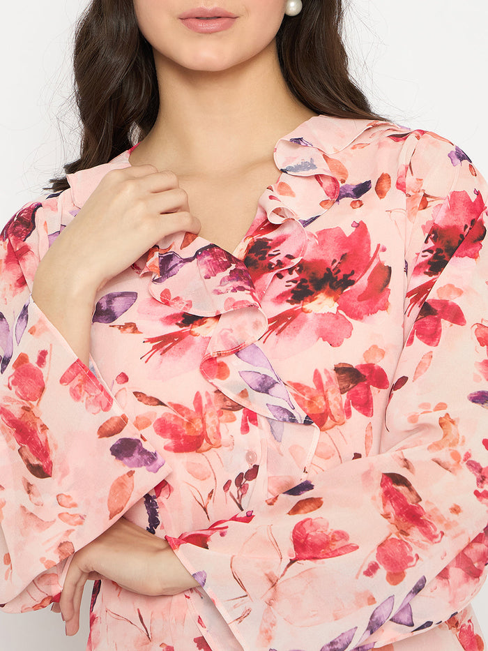 Madame Floral Print Peach Ruffle Cotton Top