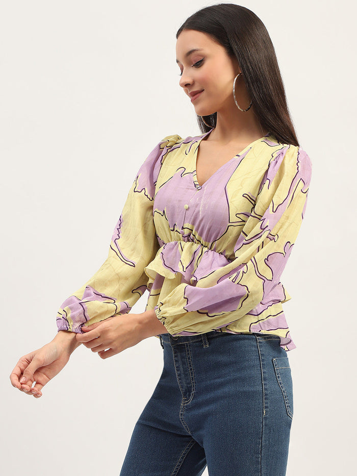 Madame Floral Print Peplum Lime Top