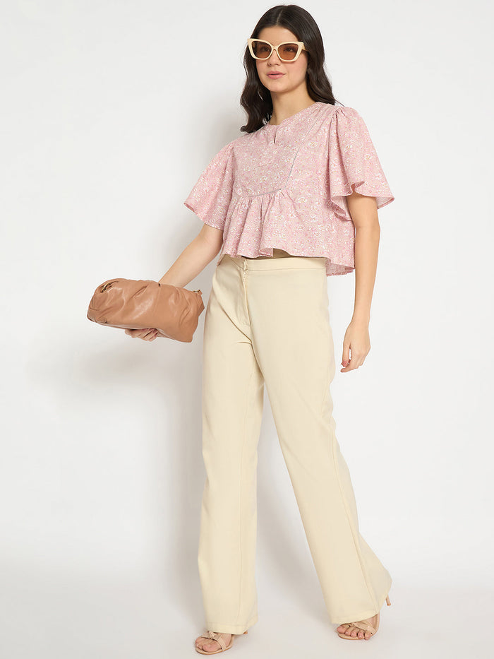 Madame Floral Print Pink Cotton Peplum Top