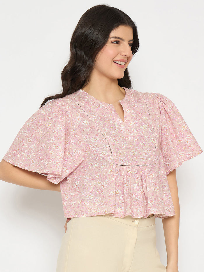 Madame Floral Print Pink Cotton Peplum Top
