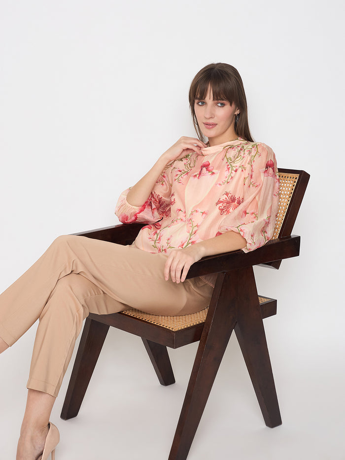 Madame Floral Print Puff Sleeve Peach Top