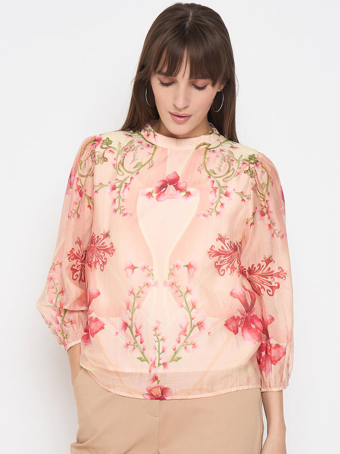 Madame Floral Print Puff Sleeve Peach Top