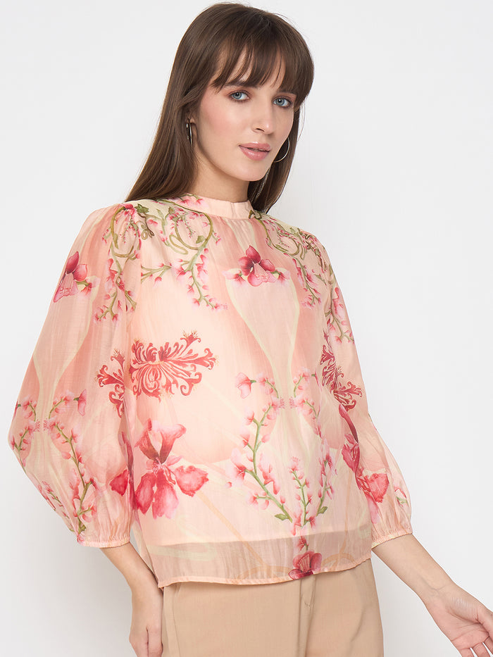 Madame Floral Print Puff Sleeve Peach Top