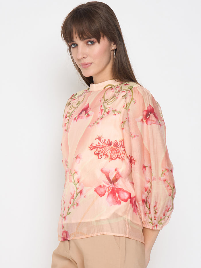 Madame Floral Print Puff Sleeve Peach Top
