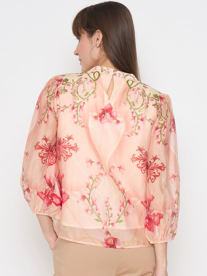 Madame Floral Print Puff Sleeve Peach Top