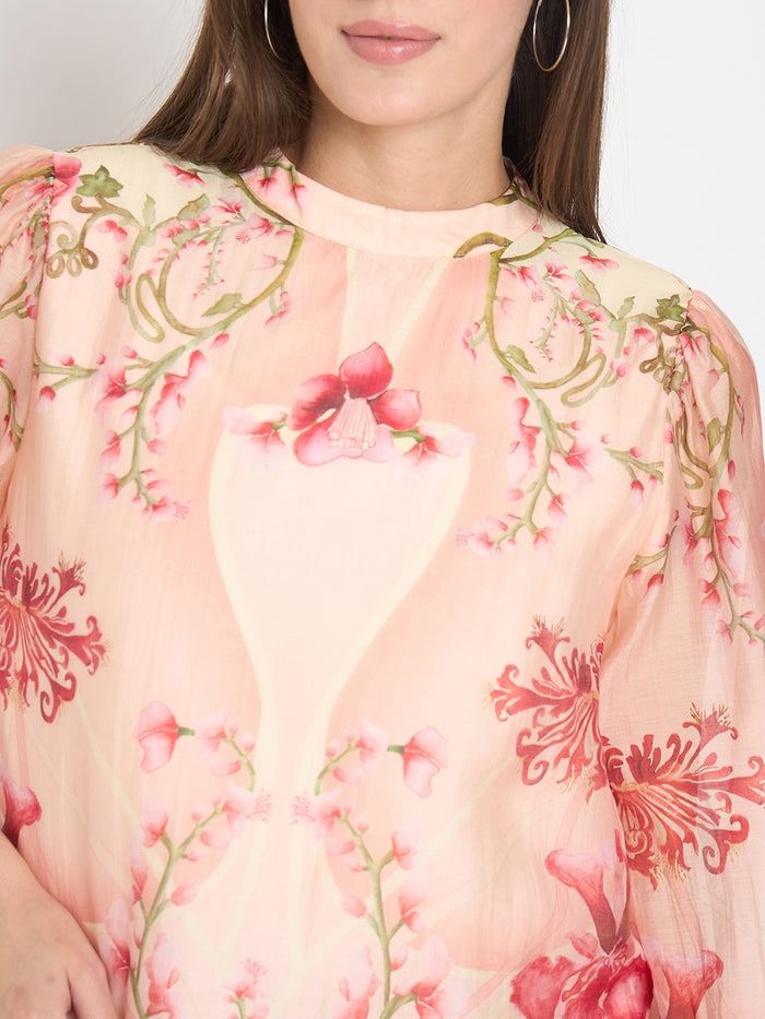 Madame Floral Print Puff Sleeve Peach Top