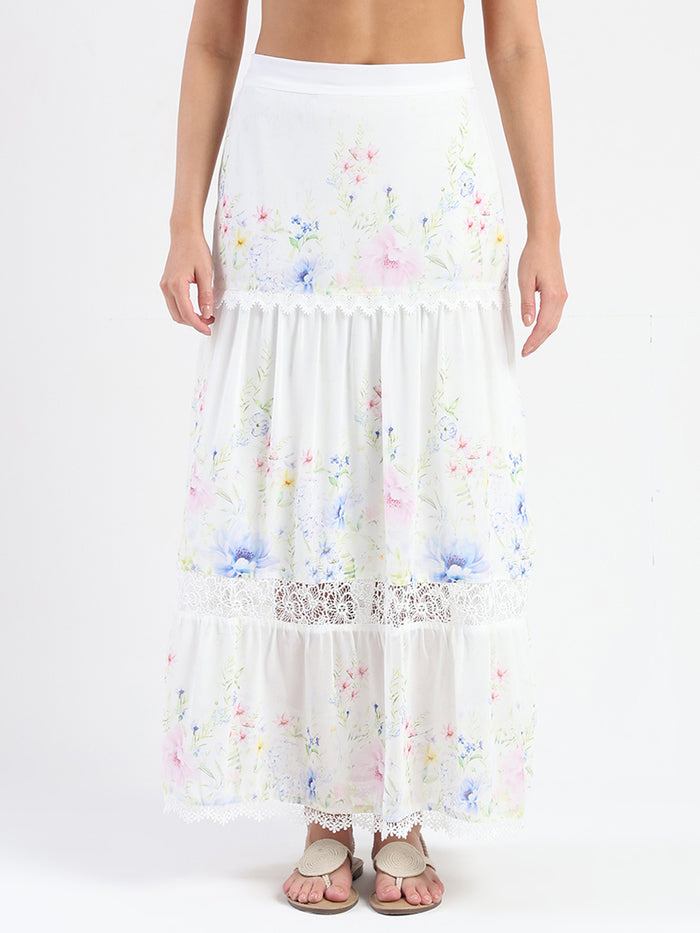 Madame Floral Print Tiered White Maxi Skirt
