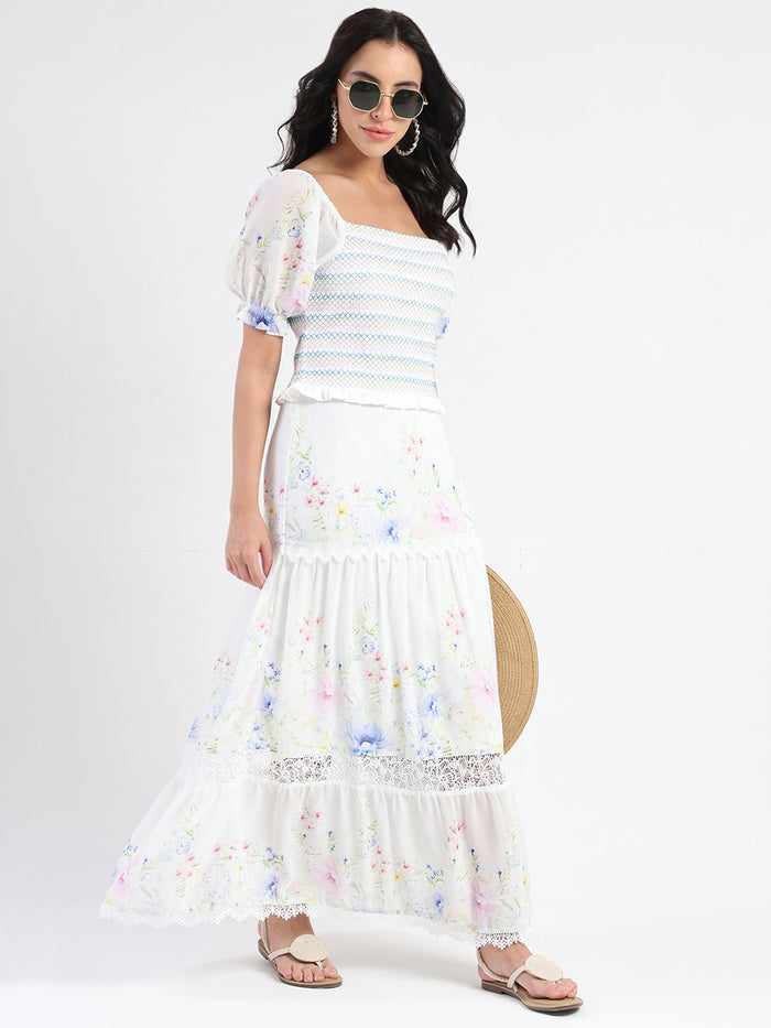 Madame Floral Print Tiered White Maxi Skirt