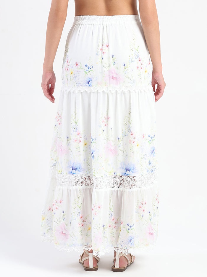 Madame Floral Print Tiered White Maxi Skirt