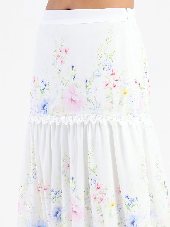 Madame Floral Print Tiered White Maxi Skirt