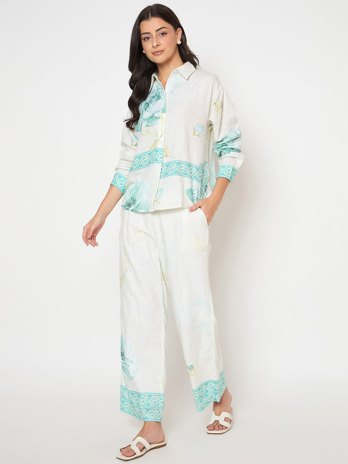 Madame Floral Print Top and Bottom Sea Green Cotton Co-ord Set