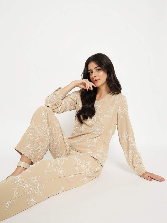 Madame Floral Print Top and Bottoms Beige Co-ord Set