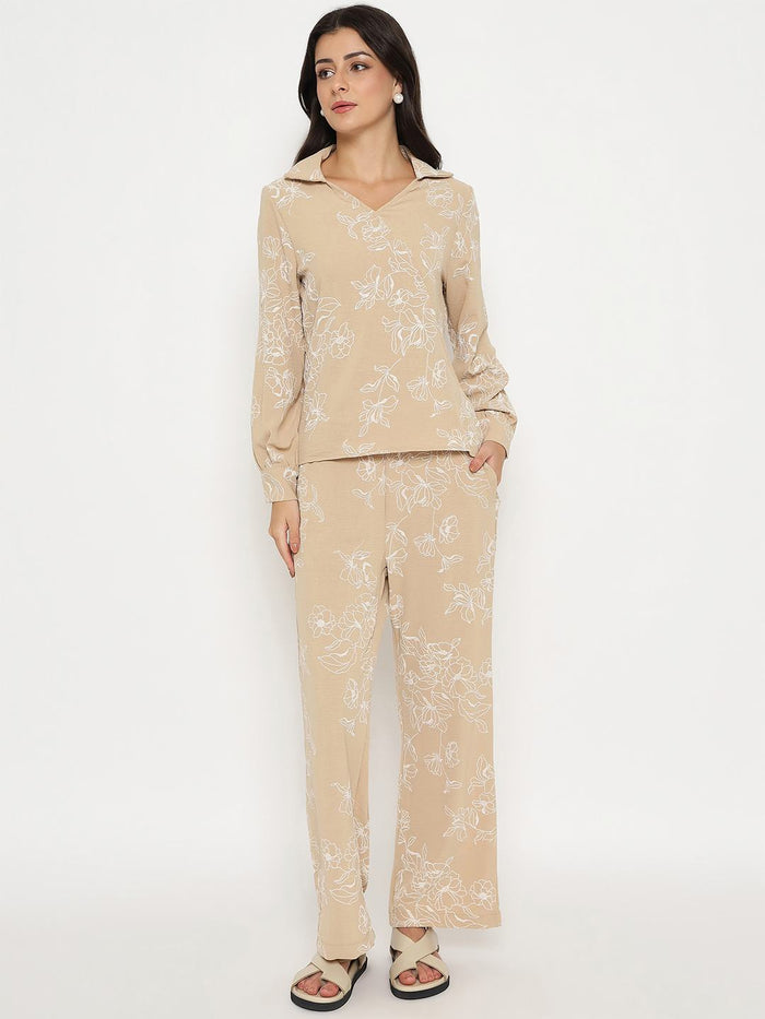 Madame Floral Print Top and Bottoms Beige Co-ord Set