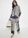 Madame Floral Print Top and Bottoms Striped Navy Blue Co-ord Set