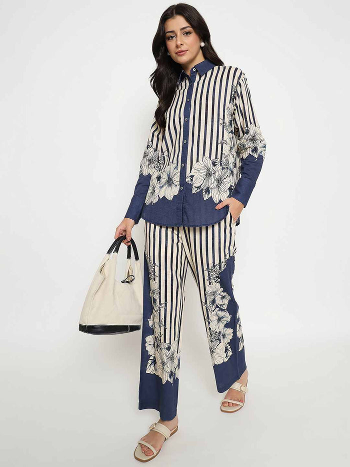 Madame Floral Print Top and Bottoms Striped Navy Blue Co-ord Set