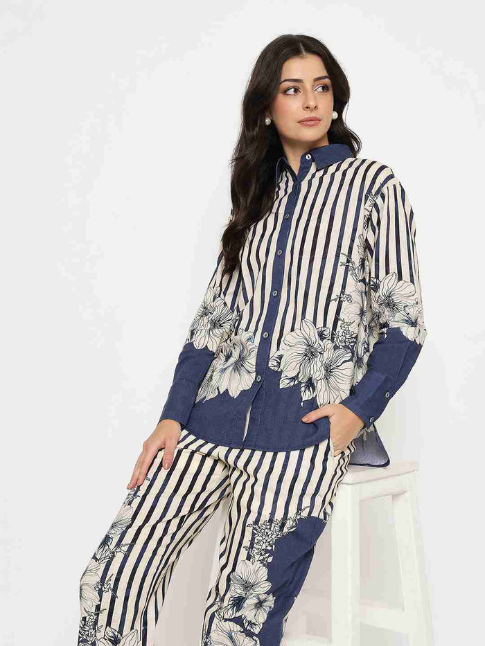Madame Floral Print Top and Bottoms Striped Navy Blue Co-ord Set