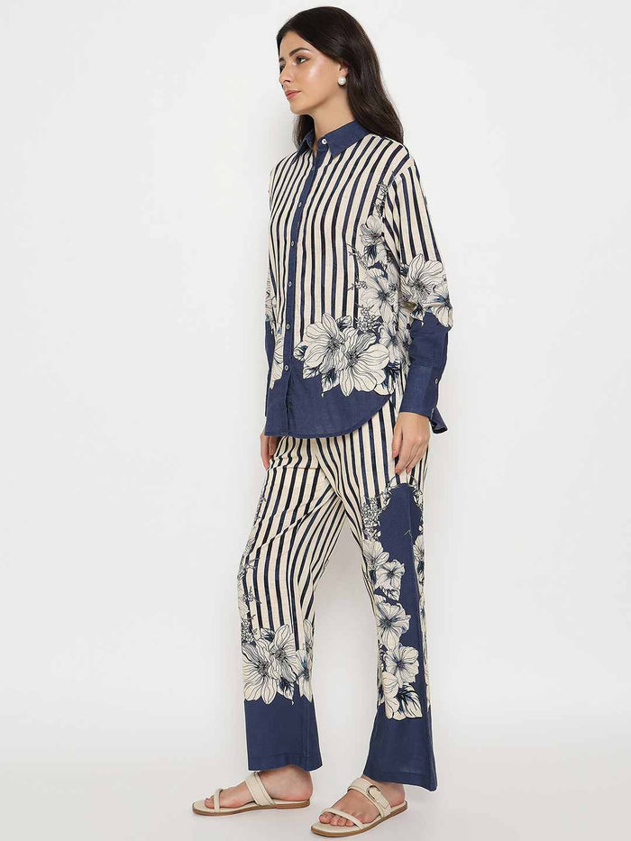 Madame Floral Print Top and Bottoms Striped Navy Blue Co-ord Set