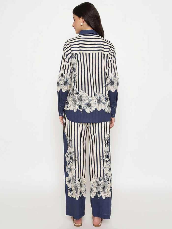 Madame Floral Print Top and Bottoms Striped Navy Blue Co-ord Set
