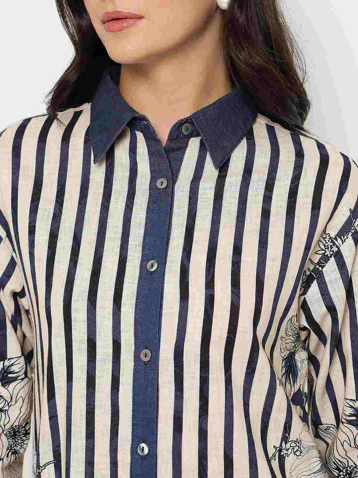 Madame Floral Print Top and Bottoms Striped Navy Blue Co-ord Set