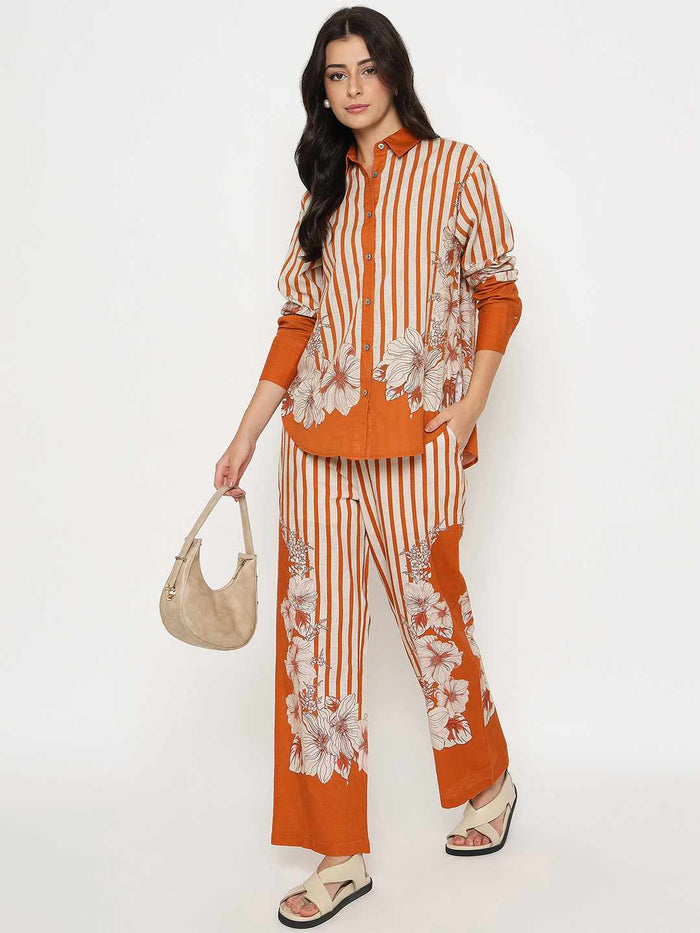 Madame Floral Print Top and Bottoms Striped Rust Red Co-ord Set