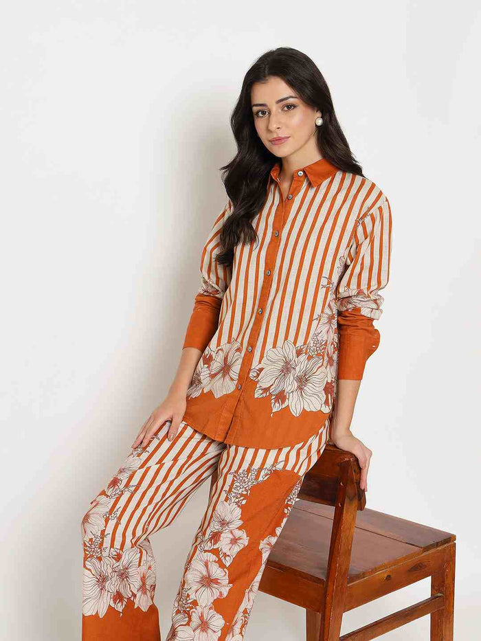 Madame Floral Print Top and Bottoms Striped Rust Red Co-ord Set