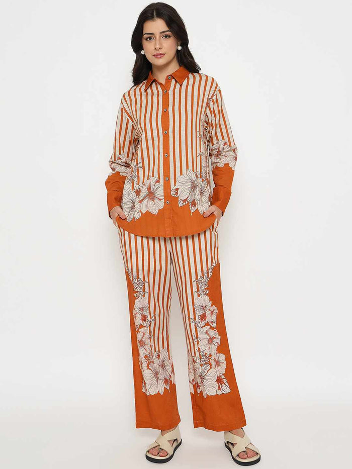 Madame Floral Print Top and Bottoms Striped Rust Red Co-ord Set