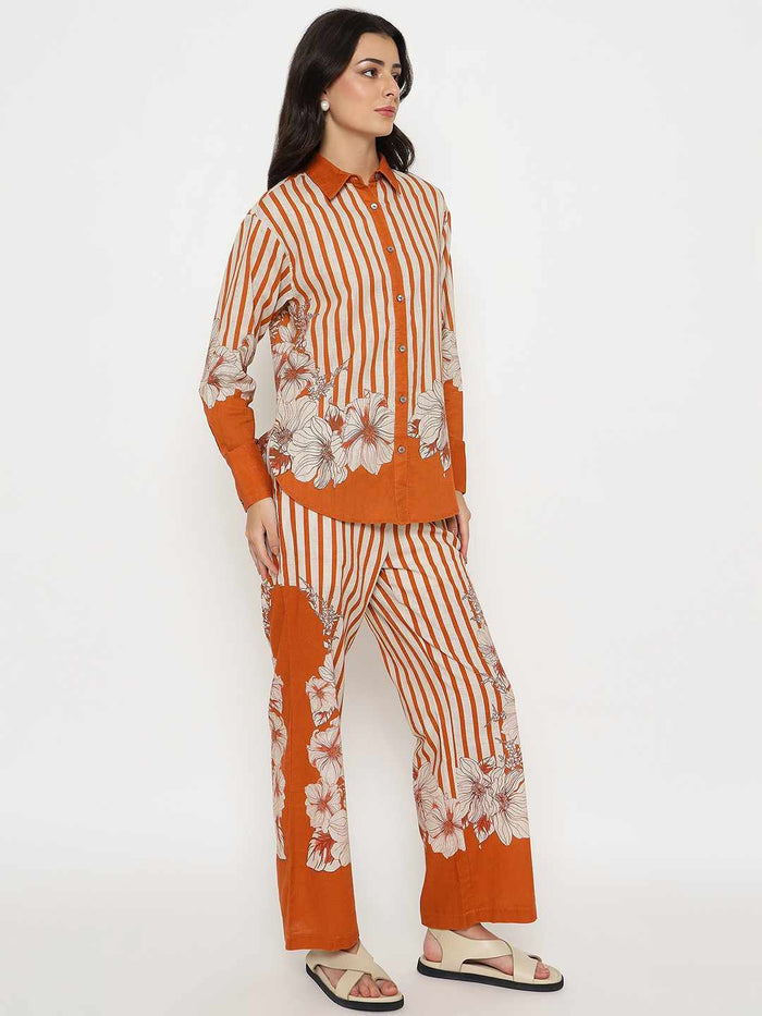 Madame Floral Print Top and Bottoms Striped Rust Red Co-ord Set