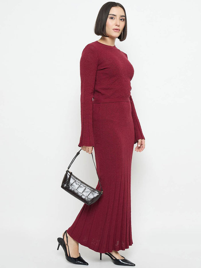 Madame Full Sleeve Top and Maxi Skirt Wine Red Knitted Co-ord Set