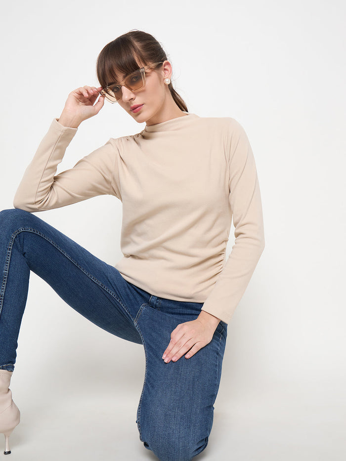 Madame Funnel Neck Full Sleeve Seam Detailed Solid Beige Knitted Top