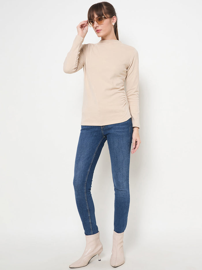 Madame Funnel Neck Full Sleeve Seam Detailed Solid Beige Knitted Top