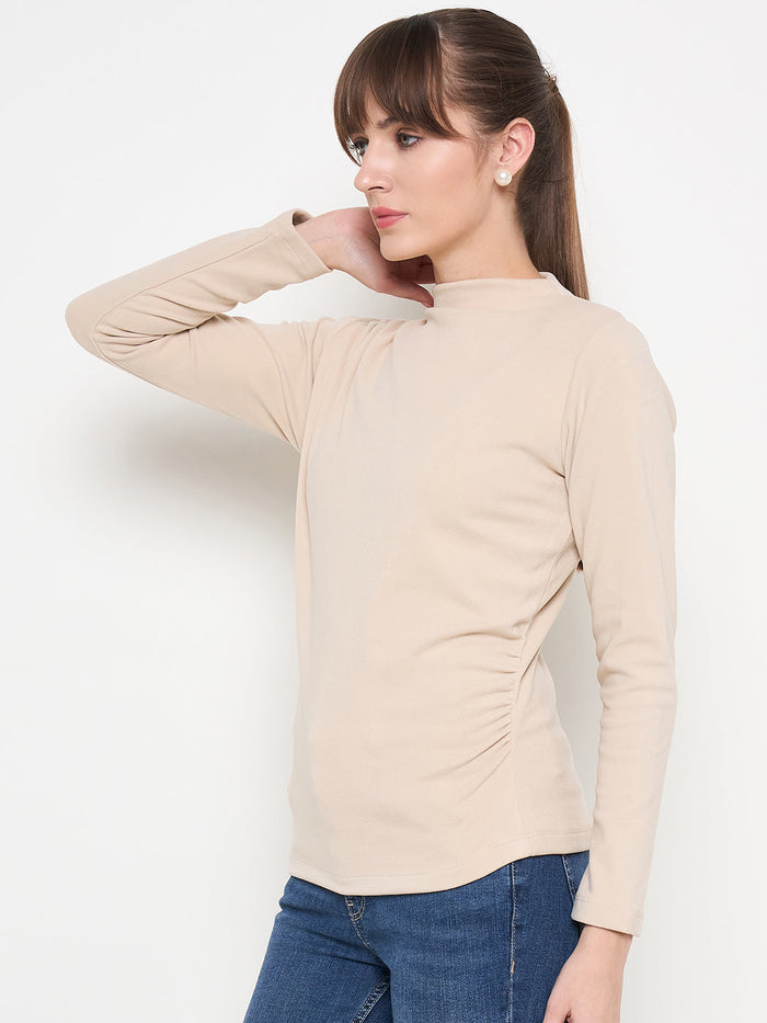Madame Funnel Neck Full Sleeve Seam Detailed Solid Beige Knitted Top