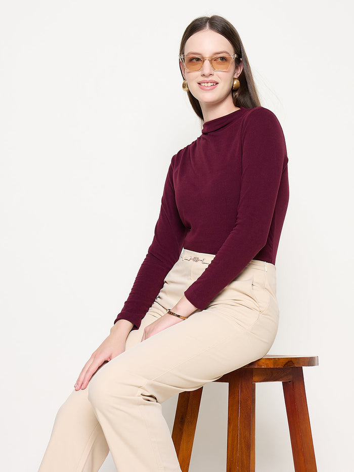 Madame Funnel Neck Full Sleeve Seam Detailed Solid Maroon Knitted Top