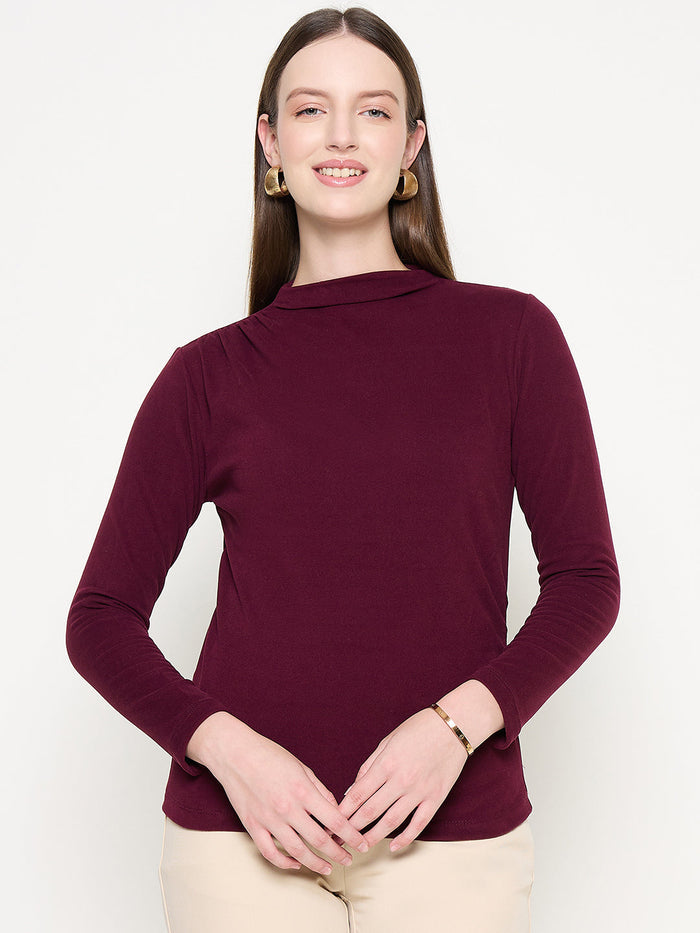 Madame Funnel Neck Full Sleeve Seam Detailed Solid Maroon Knitted Top