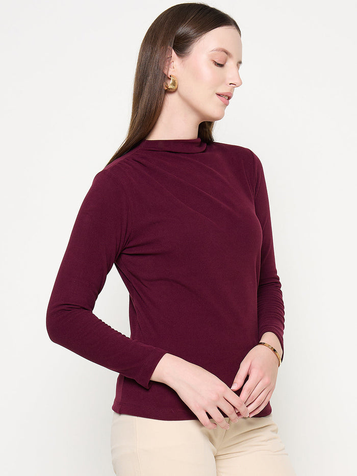Madame Funnel Neck Full Sleeve Seam Detailed Solid Maroon Knitted Top