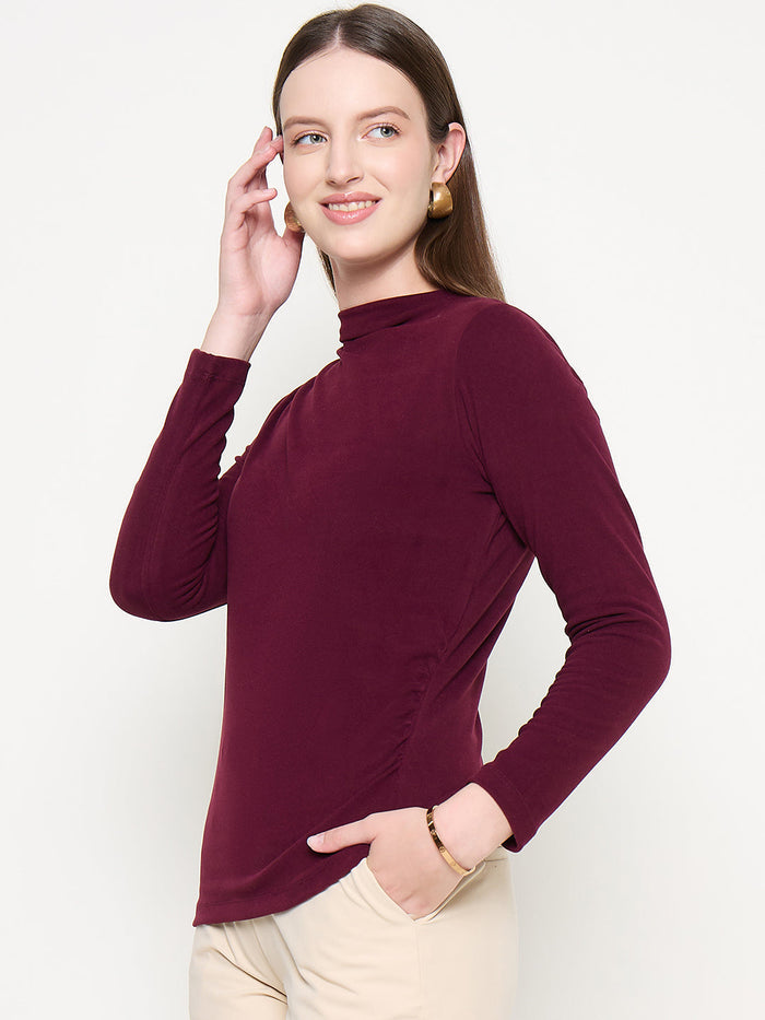Madame Funnel Neck Full Sleeve Seam Detailed Solid Maroon Knitted Top