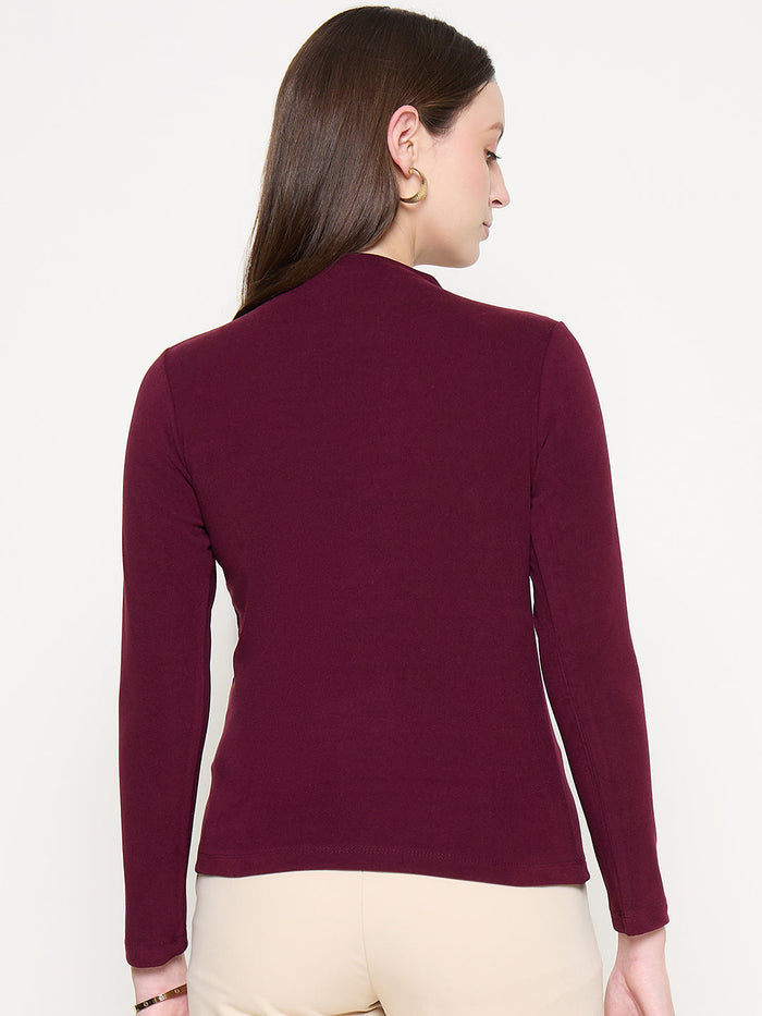 Madame Funnel Neck Full Sleeve Seam Detailed Solid Maroon Knitted Top