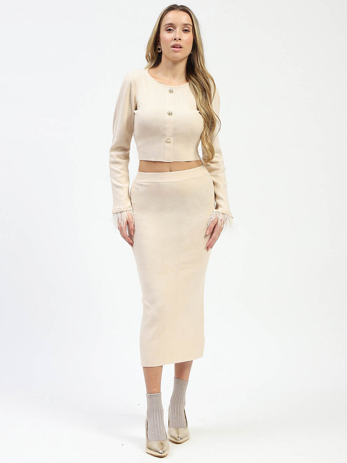 Madame Fur Sleeve Bodycon Beige Knit Co-ord Set