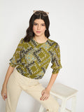 Madame Geometric Print Cinch Waist Green Top