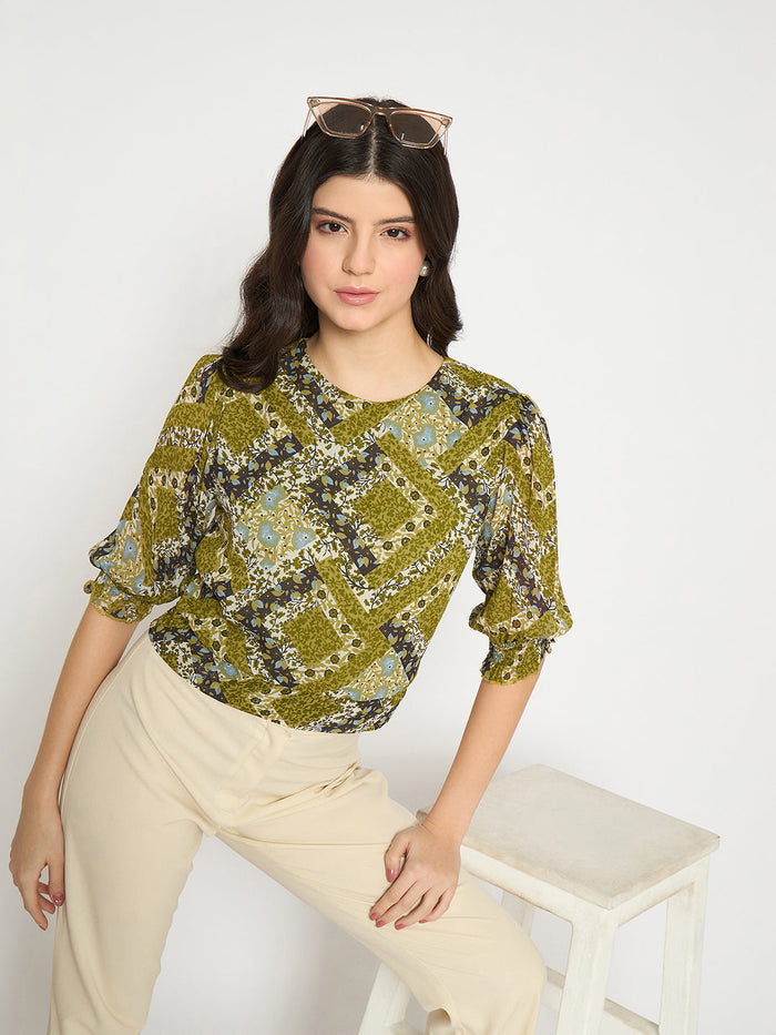 Madame Geometric Print Cinch Waist Green Top