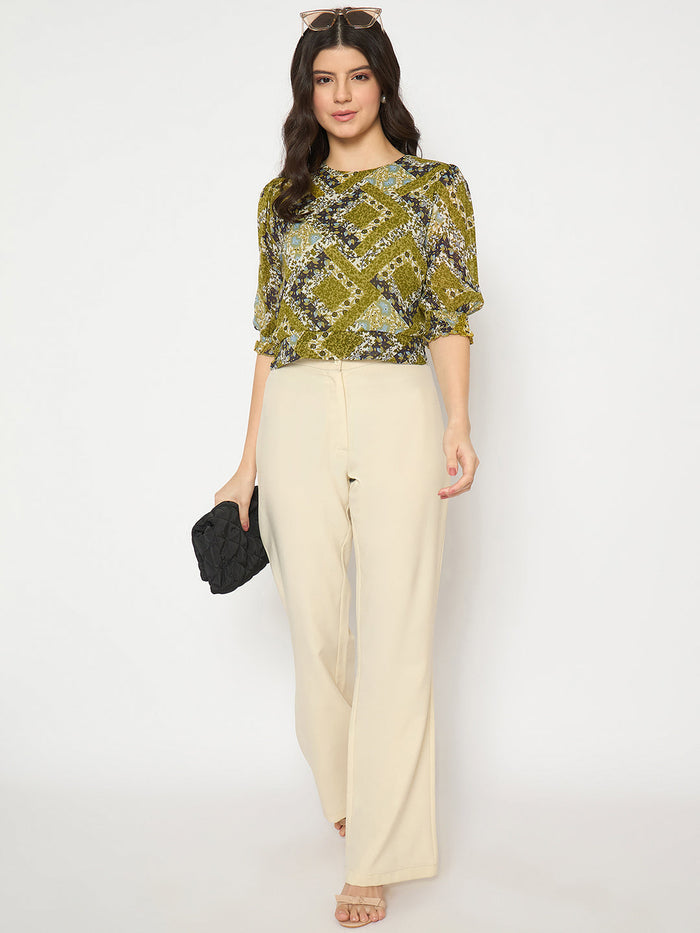 Madame Geometric Print Cinch Waist Green Top
