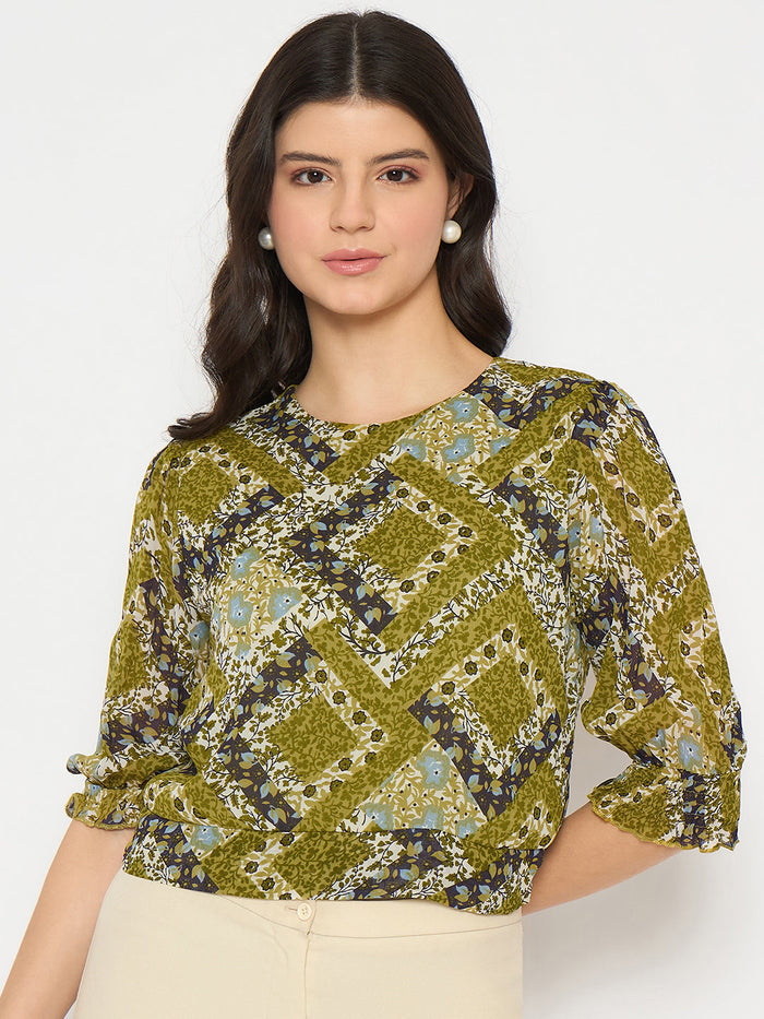 Madame Geometric Print Cinch Waist Green Top