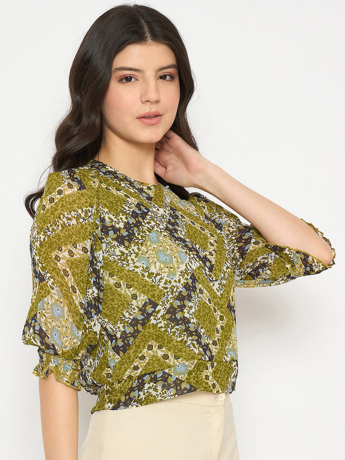 Madame Geometric Print Cinch Waist Green Top