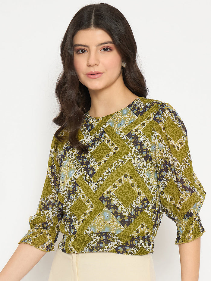 Madame Geometric Print Cinch Waist Green Top